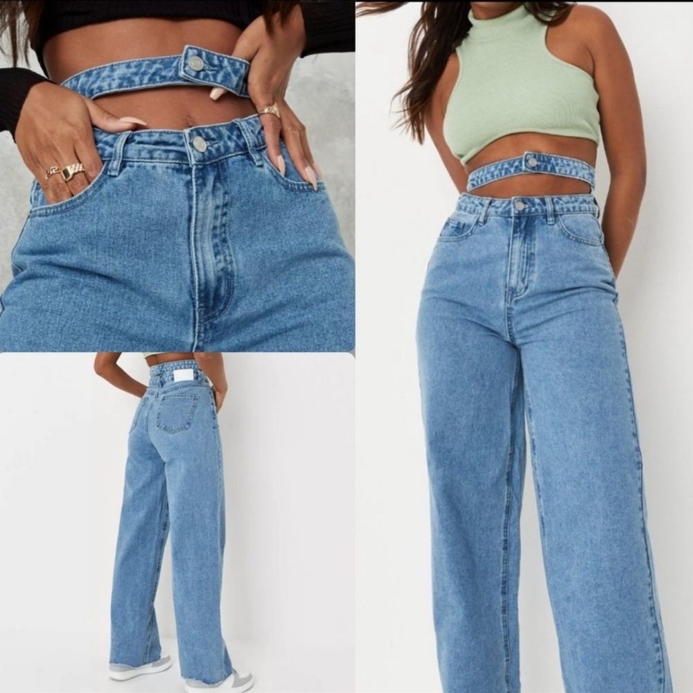 Missguided Double Waistband Denim Jeans Wide Straight Leg Raw‎ Hem High Waist